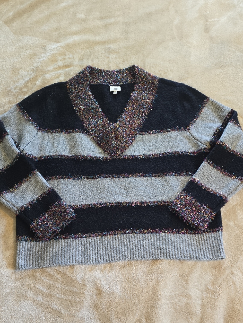 True Craft Black & Light Gray Striped V-Neck Sweater with Metallic Trim